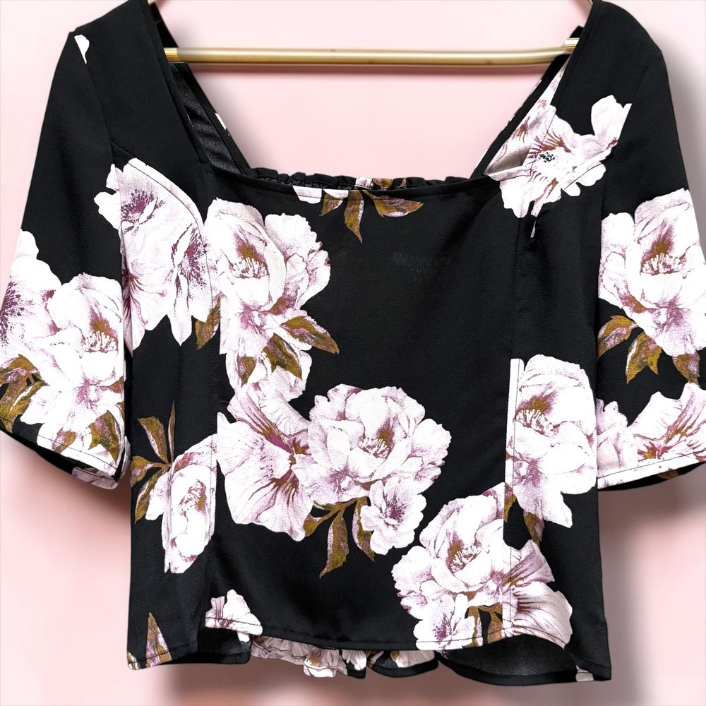 Free Press Black Graceful Floral Smocked Back Square Neck Crop Top NWT L